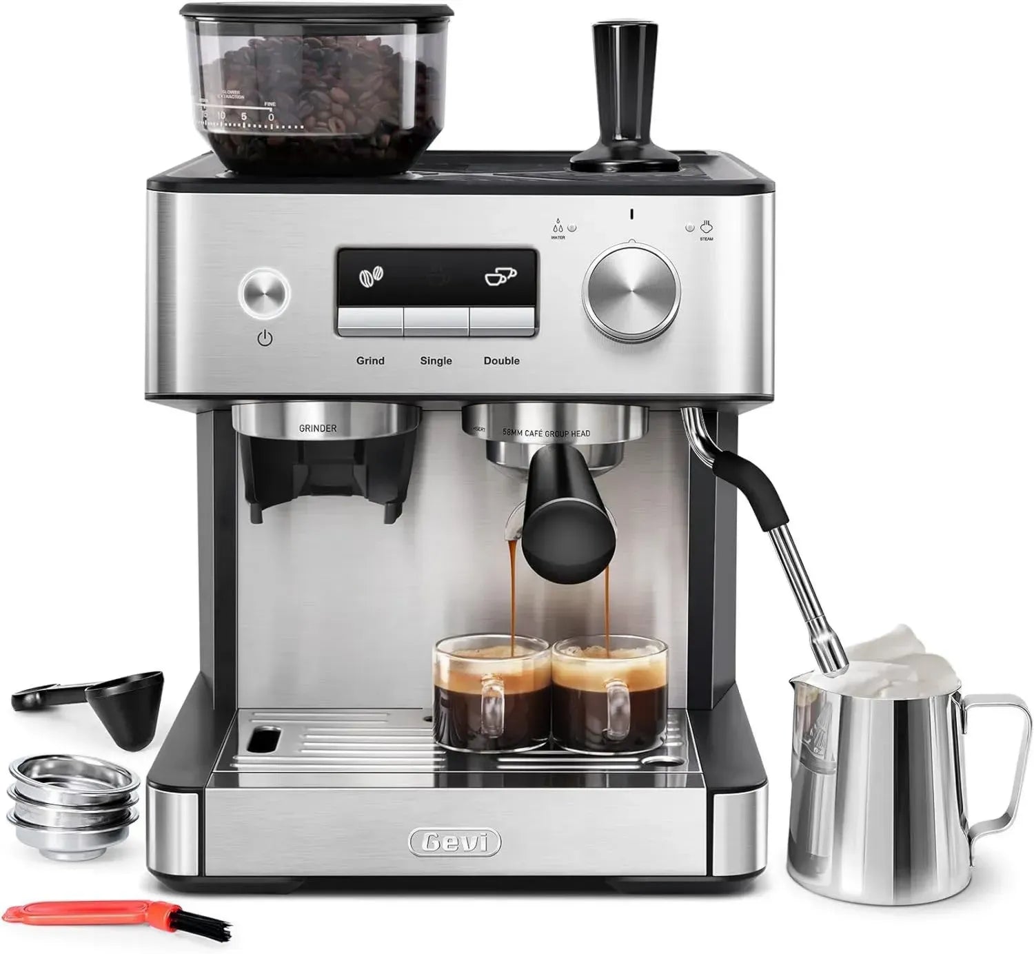 Gevi Espressomaschine mit Mahlwerk & Milchaufschäumer, 20 Bar Profi-Kaffeemaschine, Abnehmbarer Wassertank, Dampfdüse, Ideal für Espresso, Cappuccino, Latte